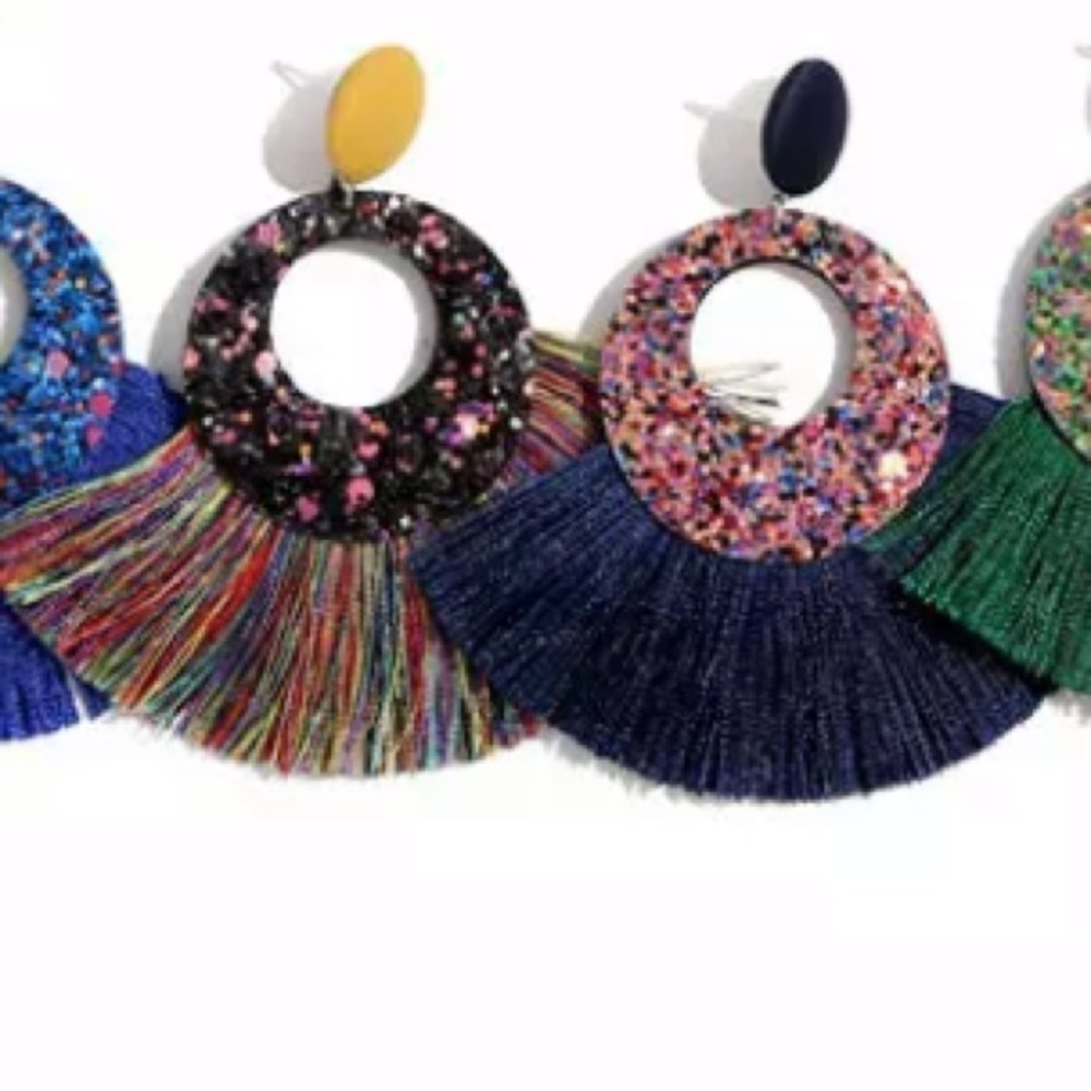 Navy Tassel Fringe Earrings Multicolor Glitter Circle Statement Boho - Picture 4 of 8